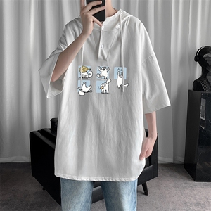 LD54097-P45 连帽短袖t恤男大码胖子带帽五分袖中袖图片