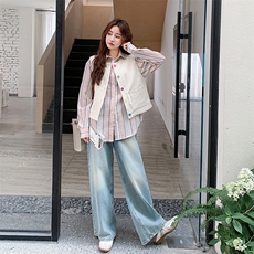 甜美条纹衬衫休闲马甲套装女2025春秋季新款设计感小众显瘦两件套，女装短外套，2C323