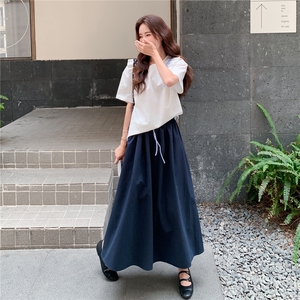 法式复古半身裙女2025夏季宽松气质简约松紧腰长裙花边上衣两件套图片