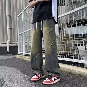 美式潮流牛仔裤男生复古做旧宽松裤港风阔腿裤子潮男G08-2/P46图片