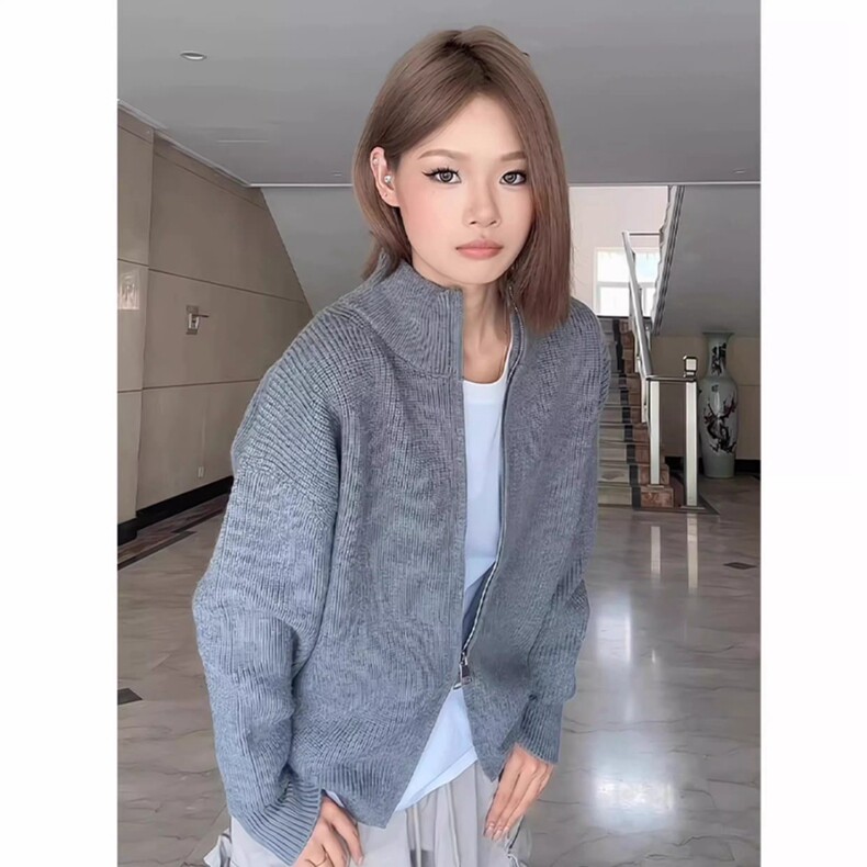 浅灰色立领拉链毛衣外套男秋冬季慵懒风针织开衫美式cleanfit夹克,男装夹克,星座218-8