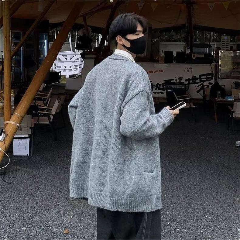 复古慵懒风V领开衫针织外套灰色针织开衫外套男慵懒风美式V领毛衣,男装针织衫/毛衣,星座302B-3
