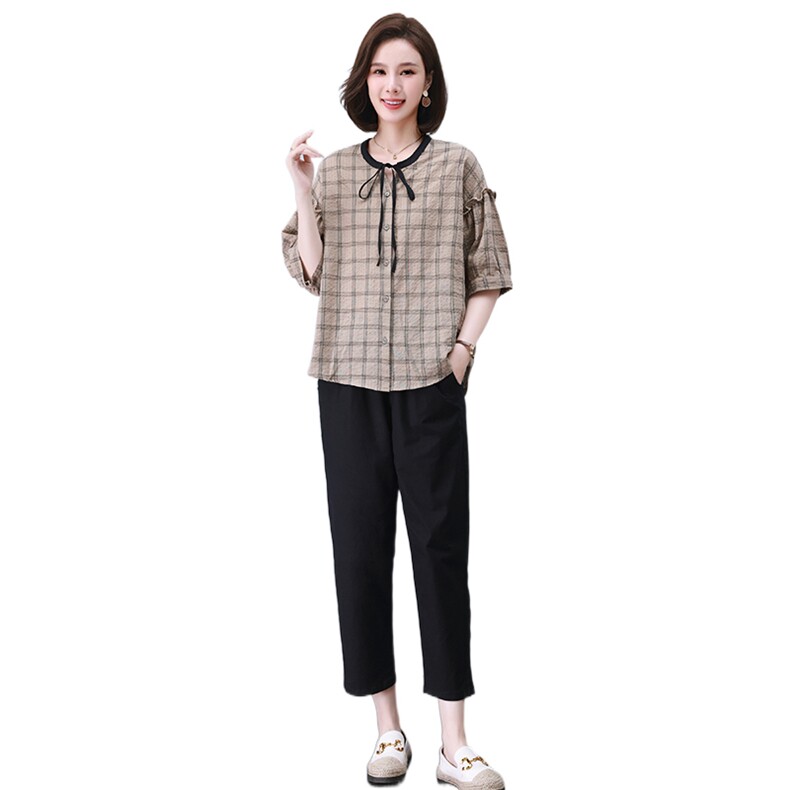 时尚休闲格子拼接套装女宽松显瘦抽绳设计两件套,女装套装/套裙,叶笙衣