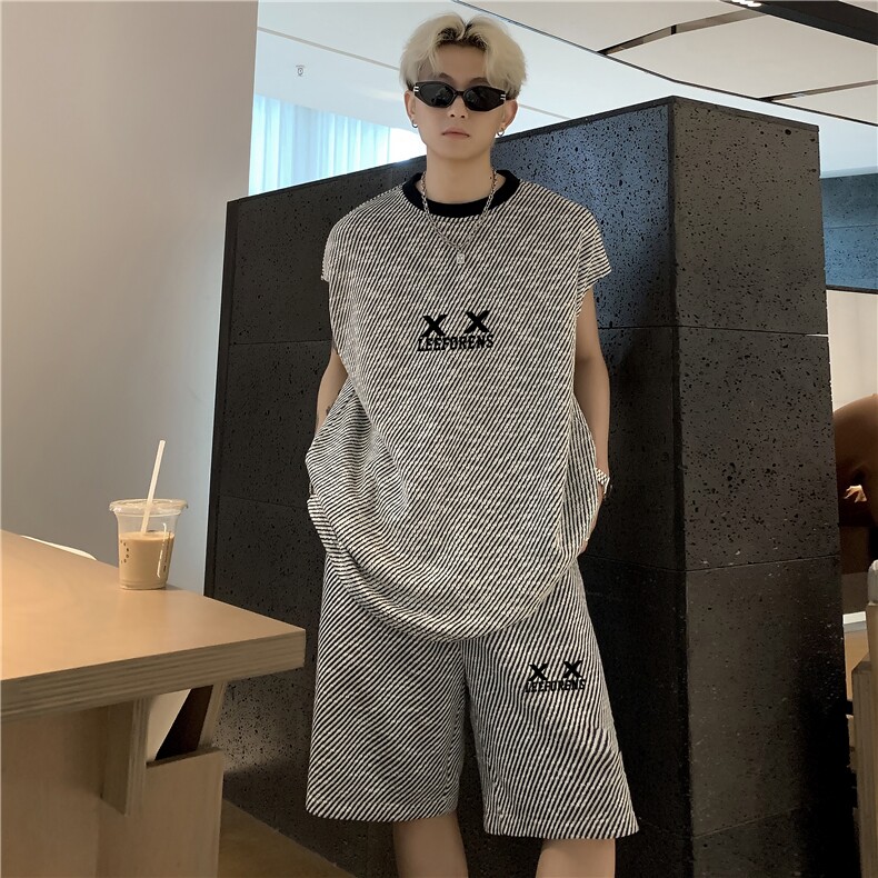 夏季宽松百搭背心短裤五分裤一套穿搭休闲运动套装无袖T恤特P55,男装T恤,电商C307A