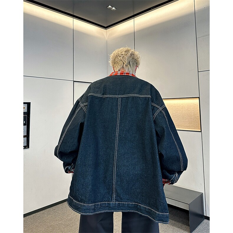 美式复古撞色拼接翻领格子布牛仔外套男女工装夹克JK08963-P72,男装夹克,星座308B-1