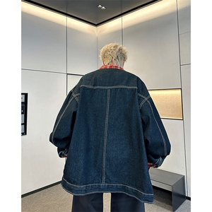 美式复古撞色拼接翻领格子布牛仔外套男女工装夹克JK08963-P72图片