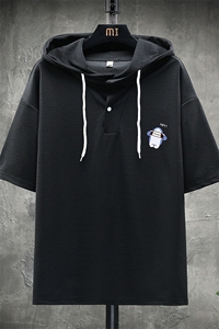 LD54167-P45 连帽短袖t恤男大码胖子带帽五分袖中袖 展架图片