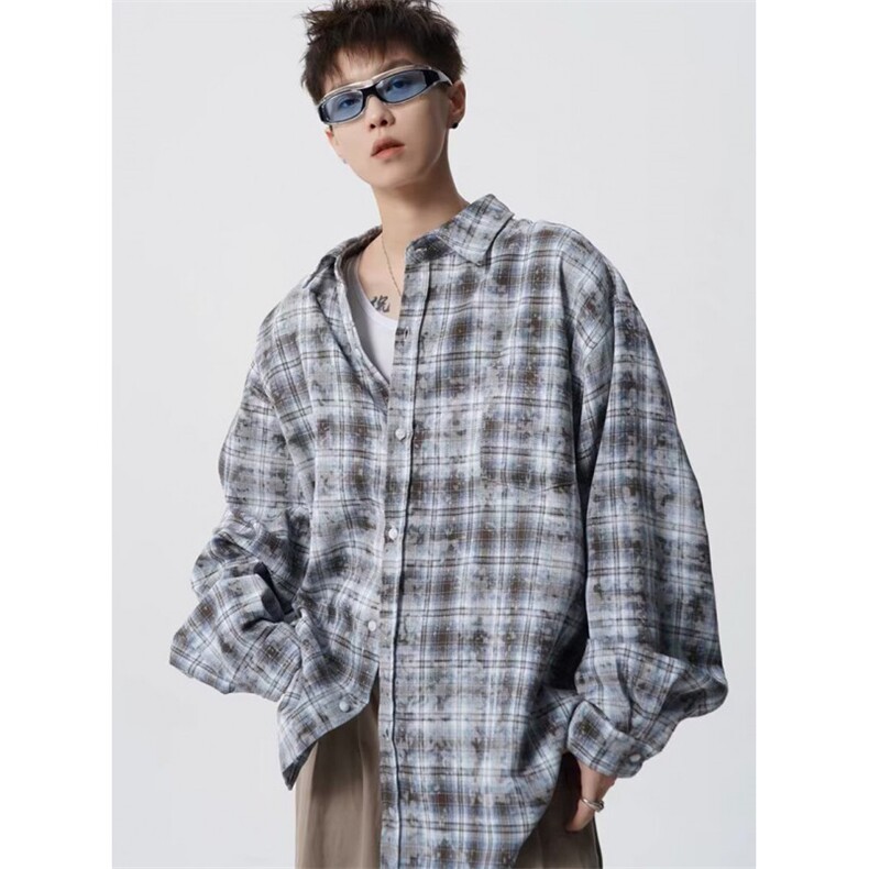设计感扎染美式街头格子衬衫外套男女宽松防晒长袖衬衣C9020，男装防晒衣，星座1116A（原606A-3）