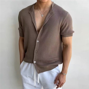 法式休闲V领短款短袖开衫男女夏季2025新款宽松显瘦T恤针织衫上衣图片