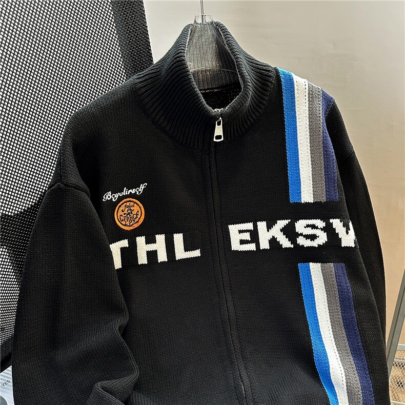 毛衣开衫男字母刺绣双拉链加厚外套撞色拼接针织毛衣YM92182-P60,男装针织衫/毛衣,星座302B-2