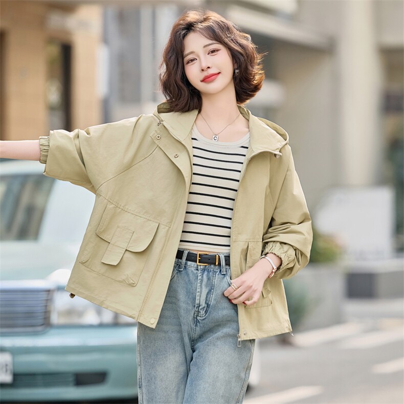 促销2025春季时髦有型休闲潮流宽松显瘦百搭抽绳连帽短外套,女装短外套,悦祺