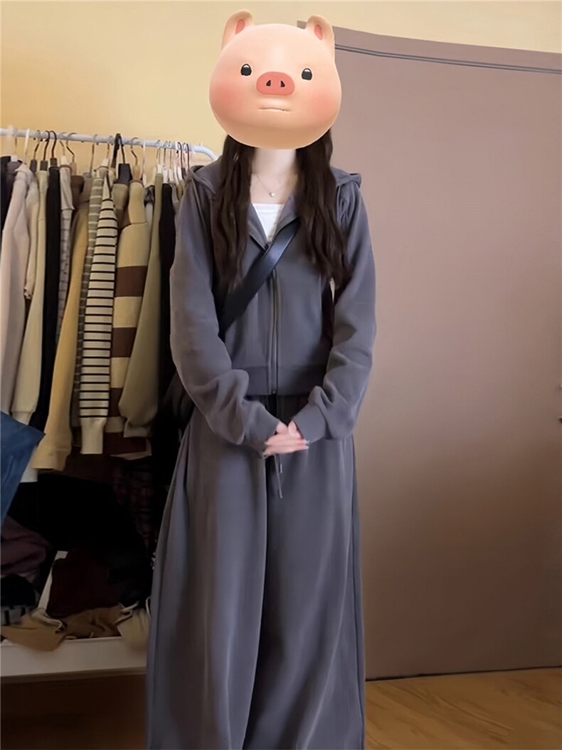 女春季新款时尚休闲套装宽松减龄拉链开衫抽绳外套直筒长裤两件套,女装套装/套裙,江南