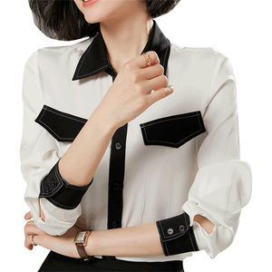 时尚都市女性必备优雅真丝衬衫简约黑白拼接设计显瘦百搭长袖上衣图片