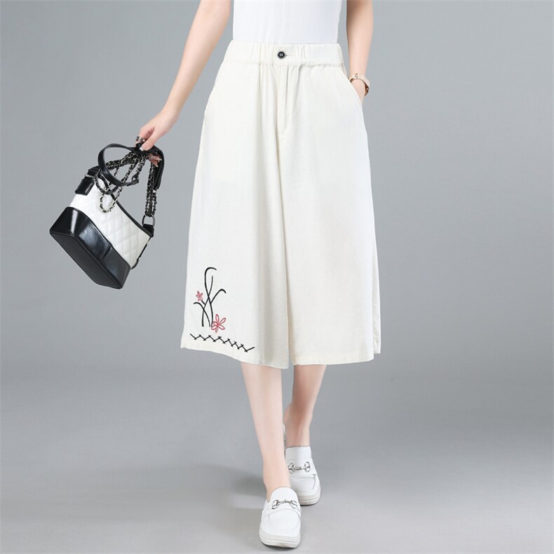 2021夏季新款时尚休闲舒适松紧腰个性绣花阔腿七分裤,女装休闲裤,奕阳依阁