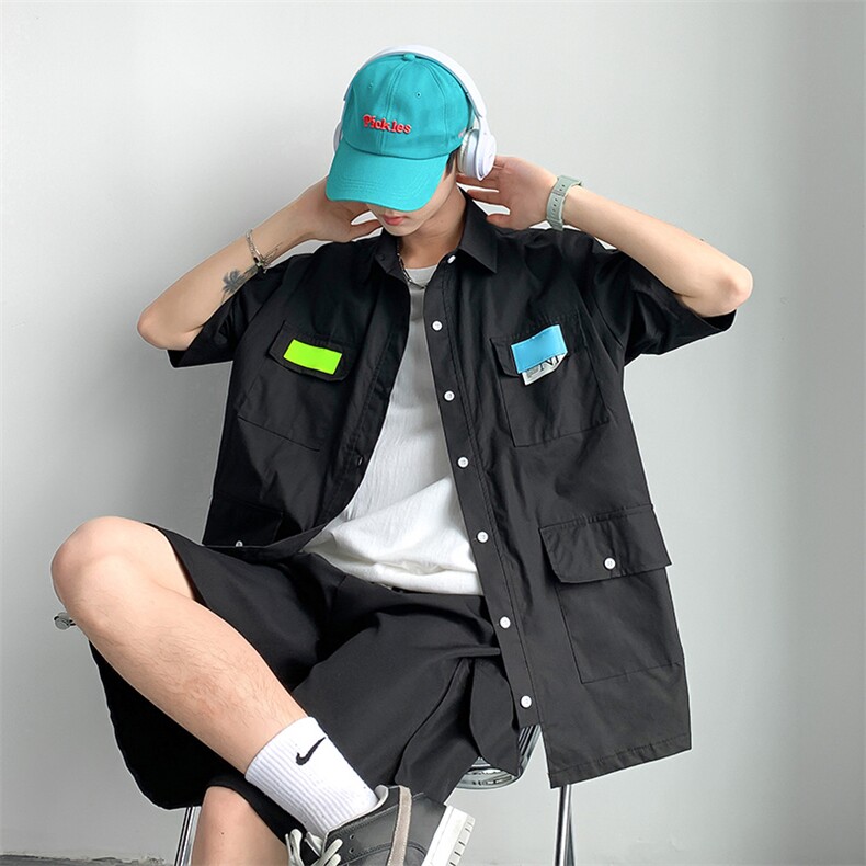 简约口袋工装五分袖衬衫男大码宽松胖子夏季街头上衣W2425-P35,男装衬衫,星座412-3