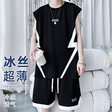 2024夏季新款旋律风车大码冰丝速干背心套装M-5XHQ24607-特P55，男装休闲套装，电商A022