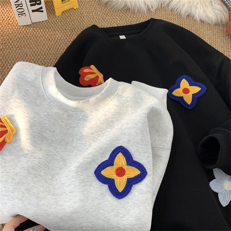 花卉刺绣圆领卫衣男款重磅高级感痞帅长袖T恤情侣内搭叠穿打底衫,男装卫衣,电商B325
