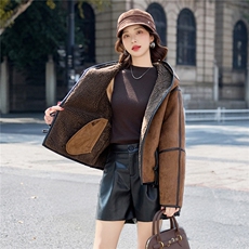 时尚休闲连帽麂皮绒皮毛一体外套女2025秋冬新款加绒加厚保暖棉衣，女装短外套，美沁