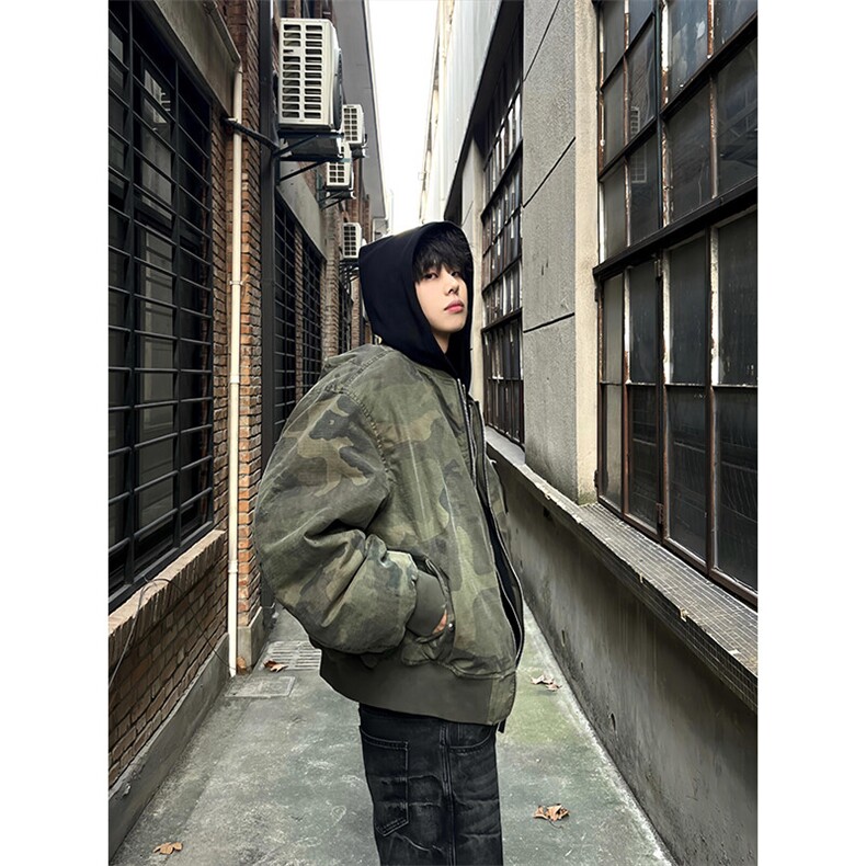 假两件连帽迷彩棉服外套男款bomber美式ma1飞行员夹克棉衣棒球服,男装夹克,星座908-1