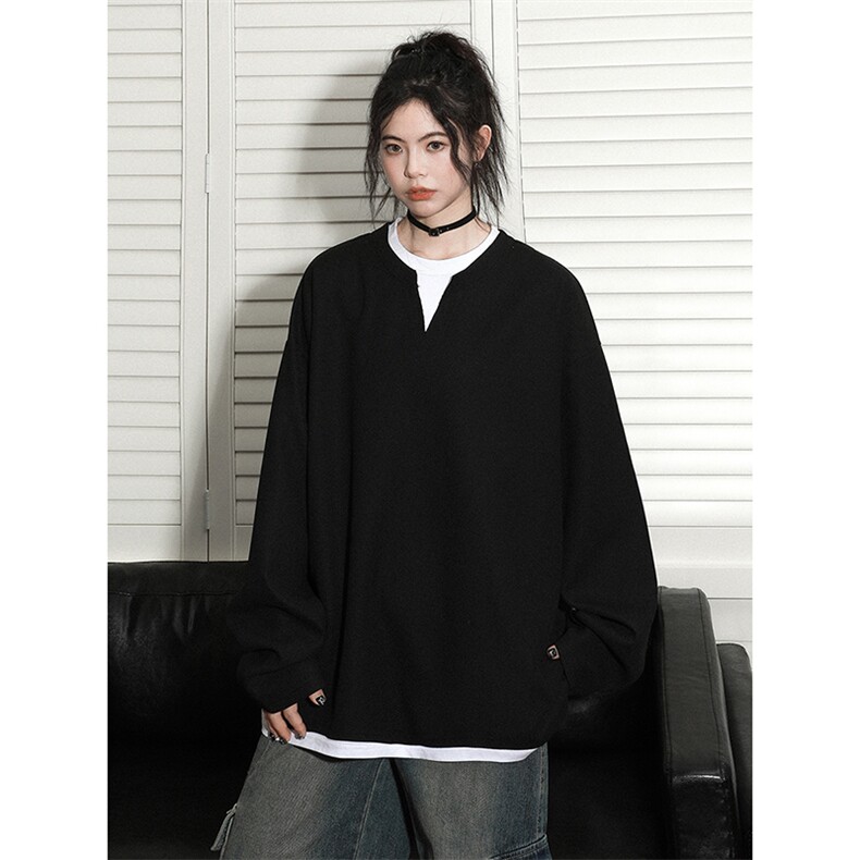 中性！秋季新款假两件纹理卫衣男美式百搭宽松长袖T恤女7856-P25，男装T恤，电商C213(原B265)