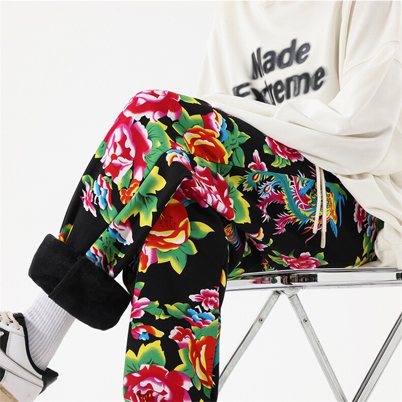 04潮民族风东北大花加绒裤宽松束脚裤棉裤潮XZ211-1-K2373-P55，男装民族服装，星座211-1