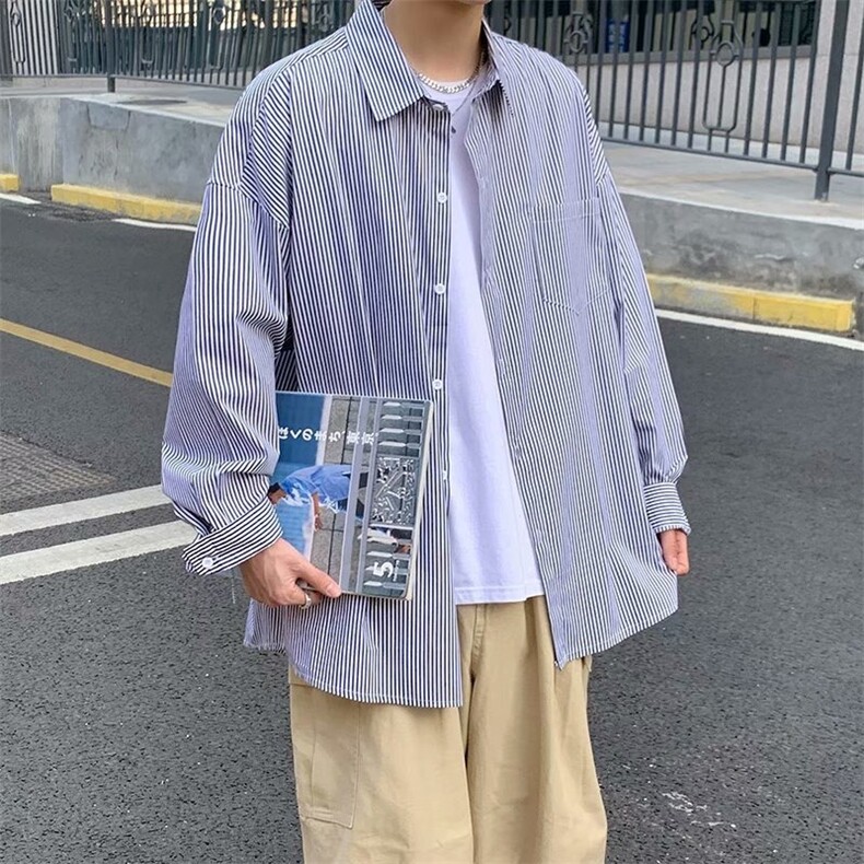 春秋薄款条纹衬衫男长袖ins港风日系宽松休闲韩版潮流百搭上衣服图片