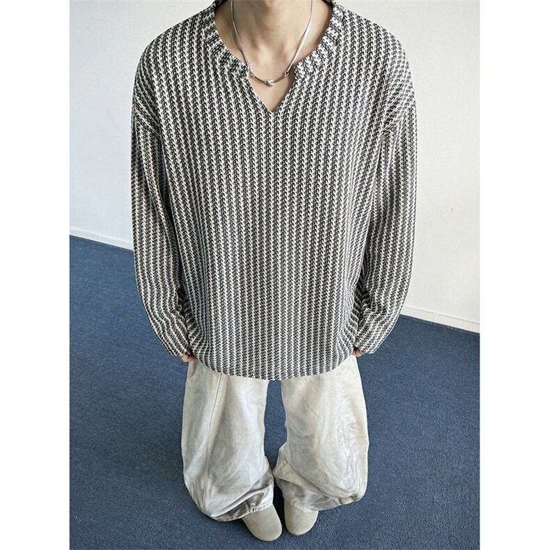 美式高街千鸟格子长袖T恤男女亨利V领英伦雅痞休闲宽松长袖打底衫，男装T恤，电商A443