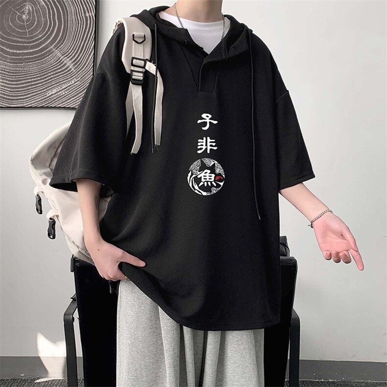LD54070-P45连帽短袖t恤男大码胖子带帽五分袖中袖大皂风,男装T恤,电商A040