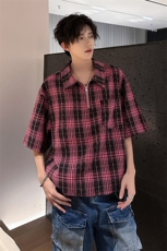 405A美式高阶烫钻格子半拉链设计衬衫短袖T恤T2513-P55控78，男装T恤，星座405A