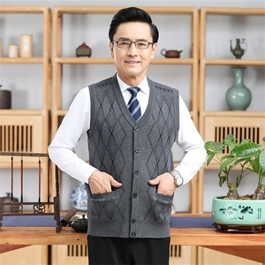 秋冬季马季开衫加绒加厚中老年背心坎肩男装无袖毛衣爸爸装图片