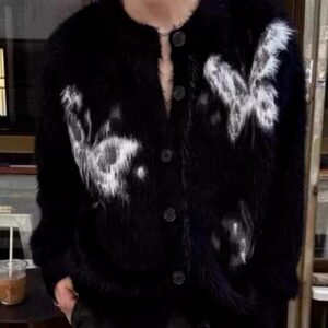 网络图现货  美式复古蝴蝶水貂毛开衫毛衣男女慵懒宽松情侣针织衫图片