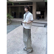 蛇纹卷边拼接t恤男款夏季小众丝巾设计感短袖美式高级感垫肩半袖，男装T恤，星座506A