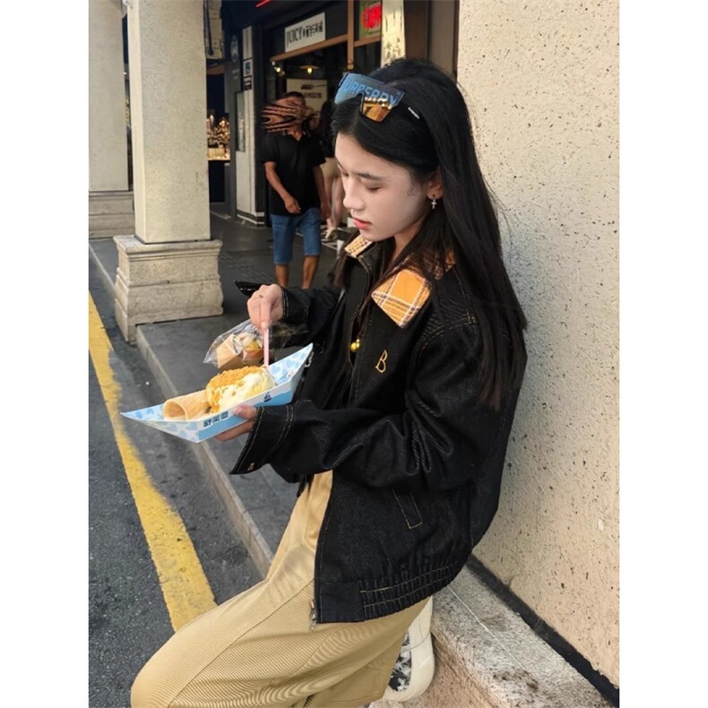 秋季复古拼接牛仔外套女新款设计感小众工装夹克宽松休闲短款上衣,男装工装外套,星座506A