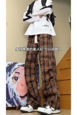 美式复古格子休闲时尚阔腿裤男女同款宽松直筒百搭裤K640JRTP45，男装休闲裤，电商A102B