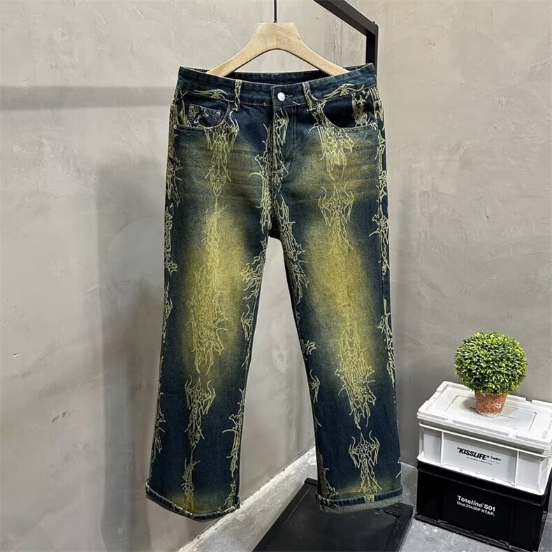 复古蓝提花水洗做旧牛仔裤男款秋冬新款2025设计感美式高街直筒裤图片
