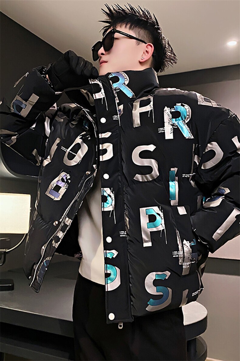 AY95/P158控208冬季社会小伙高端美式反光字母加厚羽绒棉服男黑首,男装棉衣,星座305B-1