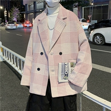 毛呢大衣男秋冬季中长款宽松格子痞帅西装领韩版潮流W2398-P80，男装西服，星座512-3