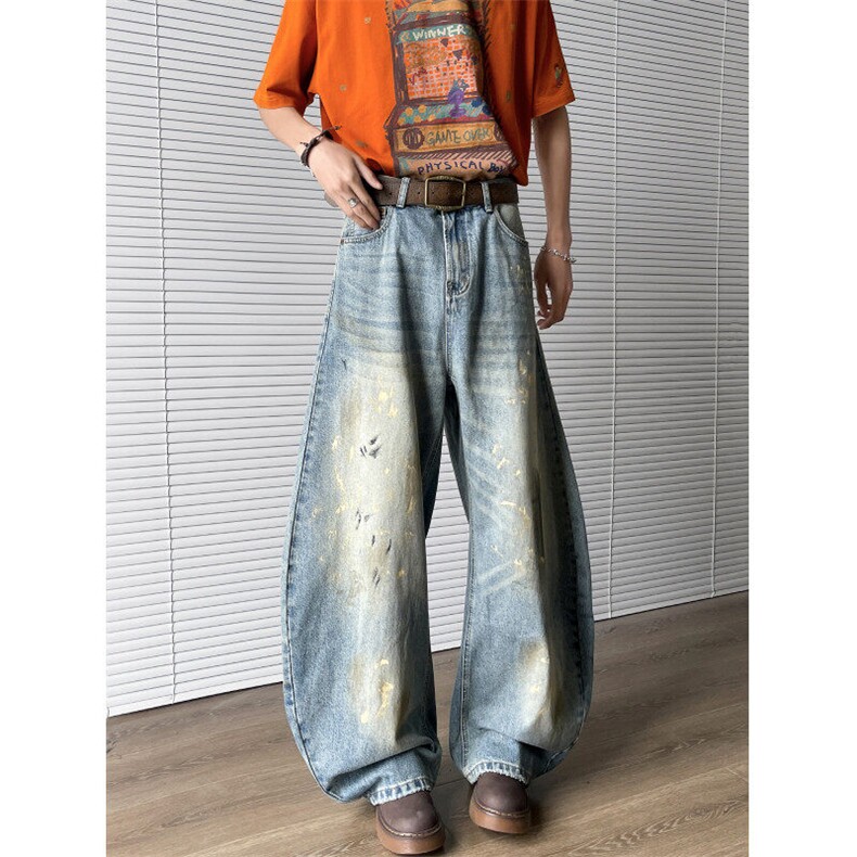复古做旧泼墨设计弯刀牛仔裤男女宽松直筒美式阔腿休闲拖地长裤子，男装牛仔裤，星座601-1