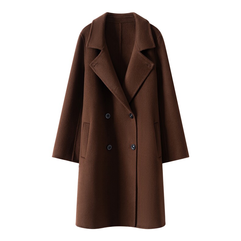 2025年秋季新款百搭女士系扣长袖中长款加厚大衣，女装双面呢大衣，织美生