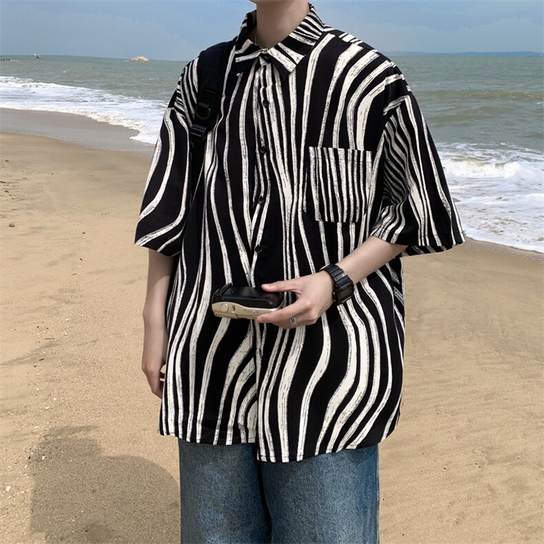 春秋外景高级感撞色长袖衬衫男潮宽松斑马条纹衬衣外套CS9703/P45,男装衬衫,电商B316