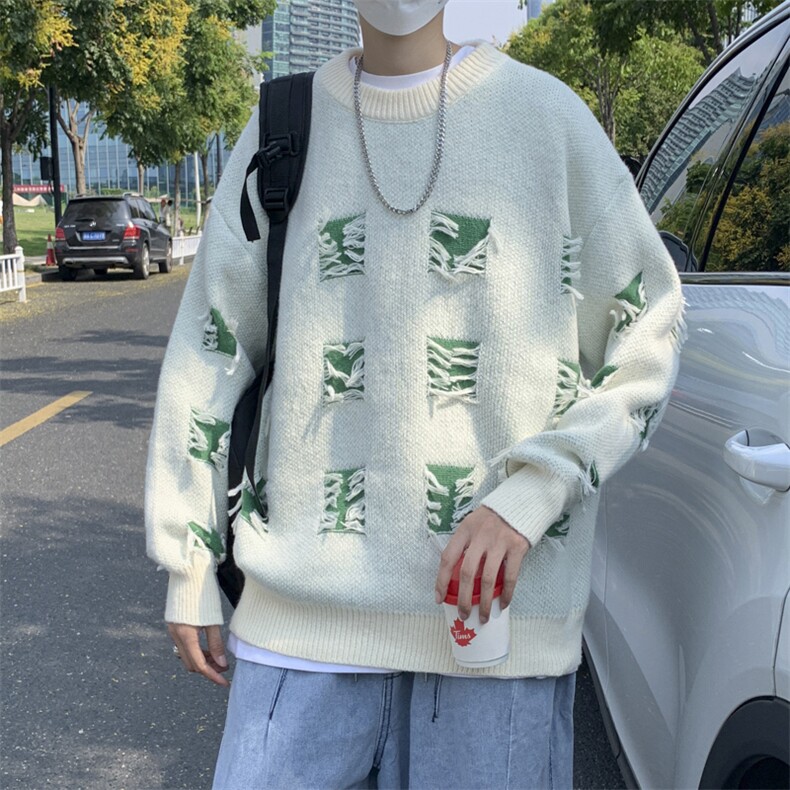 高品质秋款男针织衫圆领套头毛衣破洞补丁休闲外套M781P45,男装针织衫/毛衣,星座1013-1