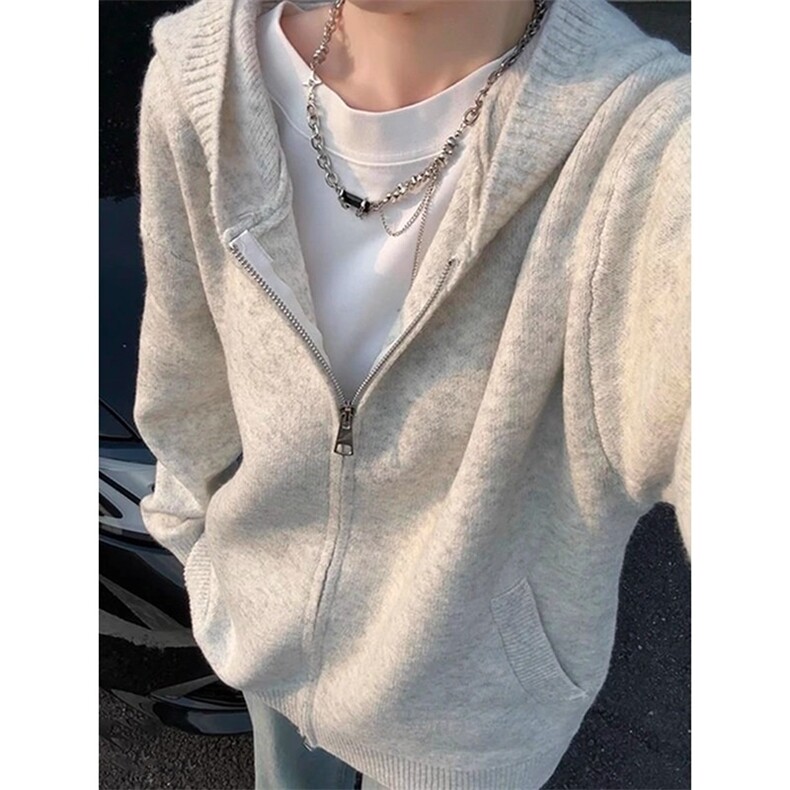连帽针织开衫男女新款宽松韩版纯色百搭拉链毛衣外套WLQ822-P60图片