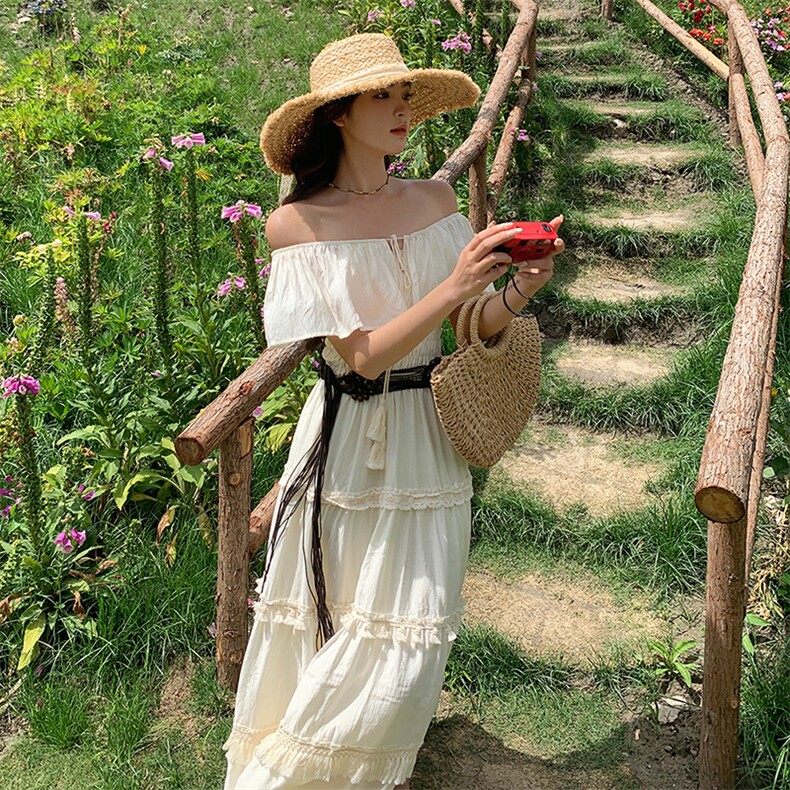 法式浪漫优雅连衣裙女2025夏季新款赫本风高腰一字肩荷叶边裙子潮,女装连衣裙,浙宝305