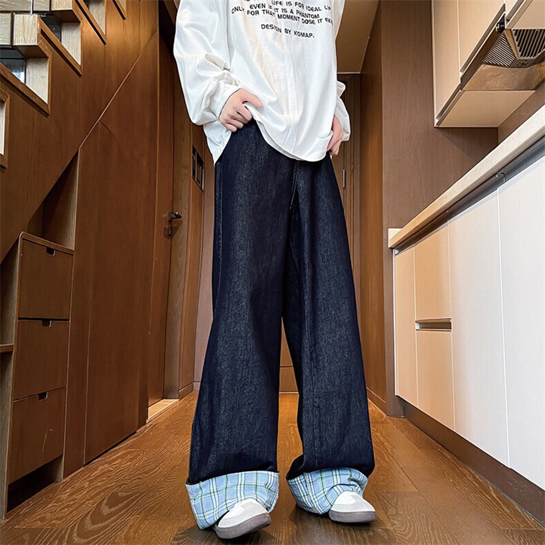 春季拼接卷边格子牛仔裤男设计感小众阔腿直筒拖地裤子KZ011P65图片