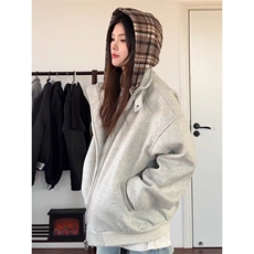 美式秋冬季2024假两件格子连帽棉服男女同款复古街头拉链上衣外套，男装夹克，星座506A