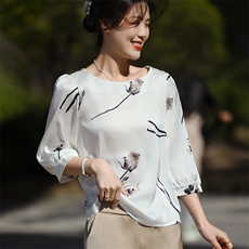 方领一枝花衬衫2025年春季套头七分袖上衣，女装衬衫，朝贺羊绒