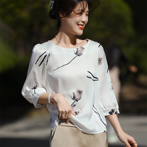 方领一枝花衬衫2025年春季套头七分袖上衣图片