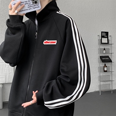8XL-M条纹撞色开衫新年红卫衣运动套装潮牌运动服校园风TZ114P118，男装休闲套装，电商D206-1