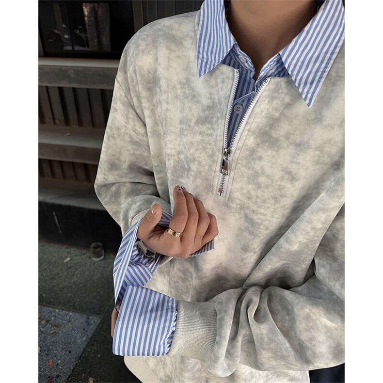 新款假两件条纹拉链衬衫领休闲春款卫衣 高街休闲学院卫衣 特P50图片
