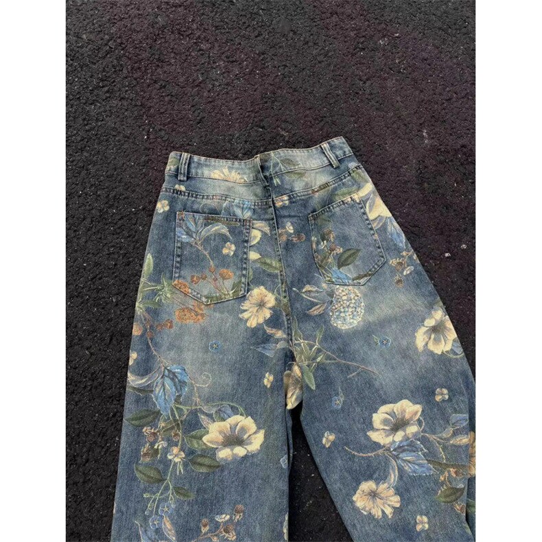 春季新款vintage美式花卉宽松阔腿牛仔裤复古着男拖地GJ165P60,男装牛仔裤,电商D256-1(原A064-1)